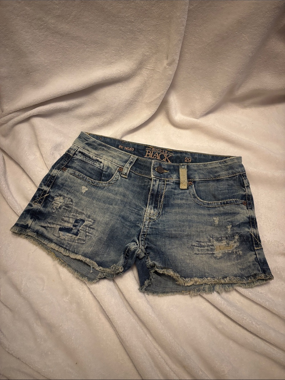 Buckle Black Distressed Denim Shorts - Light Blue